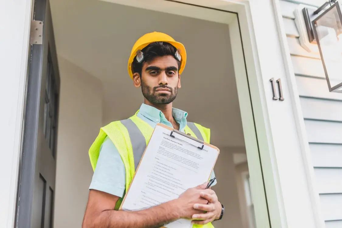 NDT technician wearing safety gear and holding an inspection checklist